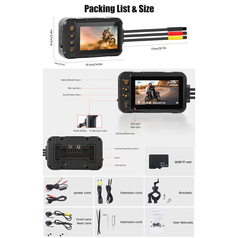 CAMECHO Motorcycle Dash Cam Front and Rear, Night Vision Dash