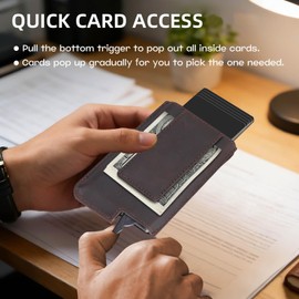Sorftin Pop Up Wallet for Men - Slim RFID Blocking Genuine Leather Credit Card Holder with Aluminum Case, Minimalist Smart Trigger Wallet with Quick Access Ejector & Cash Strap (Coffee)