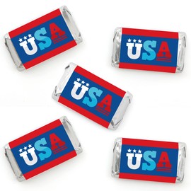 Big Dot of Happiness Firecracker 4th of July - Mini Candy Bar Wrapper Stickers - Red, White and Royal Blue Party Small Favors - 40 Count