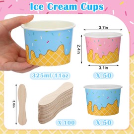 Potchen 100 Pack Ice Cream Bowls Disposable 11 oz Paper Dessert Cups with Wooden Spoons Sundae Soup Containers for Summer Ice Cream Party Supplies Favors