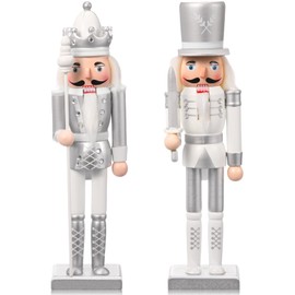 Huwena 2 Pcs Christmas Nutcracker Ornaments Wooden Nutcracker Soldier Figure Decor 12 Inch Holiday Festive Nutcracker Figures for Xmas Party Shelves Table Decoration (Silver)
