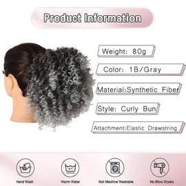 LEOSA Kinky Curly Short Gray Messy Bun Drawstring Ponytail Extension Afro Grey Ombre Ponytail Extension Fluffy Curly Ponytail Synthetic PonyTail Hair Piece for Women Daily Use 1B/GRAY