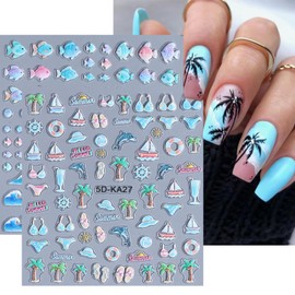 Summer Nail Stickers 5D Embossed Ocean Nail Decals Beach Nail Art Stickers 2PCS Blue Wave Fish Palm Tree Sailboat Design Adhesive Nail Art Supplies for Women Tropical Style Nail Decor