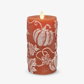 Luminara Embossed Leaves and Pumpkins Moving Flame Pillar Candle 3.25" x 6.5" with Recessed Edge Unscented Real Wax LED Battery Operated Candle Lights