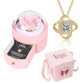 Caja de rosas preservada hecha a mano con collar de trébol de cuatro hojas, cajas de joyería de rosas de poesía, regalos para mujeres, su mamá, esposa, novia en San Valentín, día de la madre con