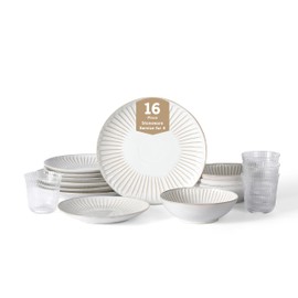 Stone Lain Linea 16-Piece Dinnerware Set Stoneware, Soda Lime Glass, White