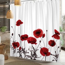 Leowefowa Red Floral Shower Curtain Vintage Nature Red Flower Gray Leaves Elegance Shower Curtain for Bathroom Boho Plant Wildflower Watercolor Bathroom Decor Fabric Waterproof with Hooks 72x72 inch