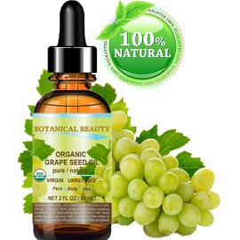 Botanical Beauty Organic GRAPE SEED OIL 100% Pure Natural VIRGIN UNREFINED Cold-Pressed Carrier Oil 2 Fl oz 60 ml for Face, Skin, Body, Hair, Lip, Nails, Massage. Rich in Vitamin E by Botanical Beauty