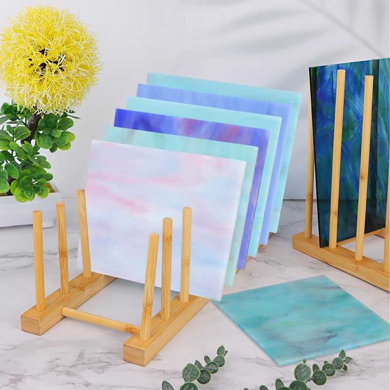 Youdaju 3Pack Stained Glass Organizer Bamboo Dish Plate Rack Wooden