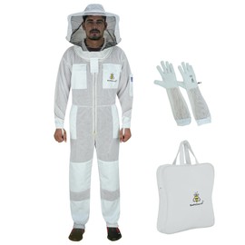 BeeProGear 3 layer Ultra Ventilated Mesh Beekeeping Suit with Round Veil for Beekeepers | Bee Suits for Men Sting-Proof Leather gloves with bag (Large, White)