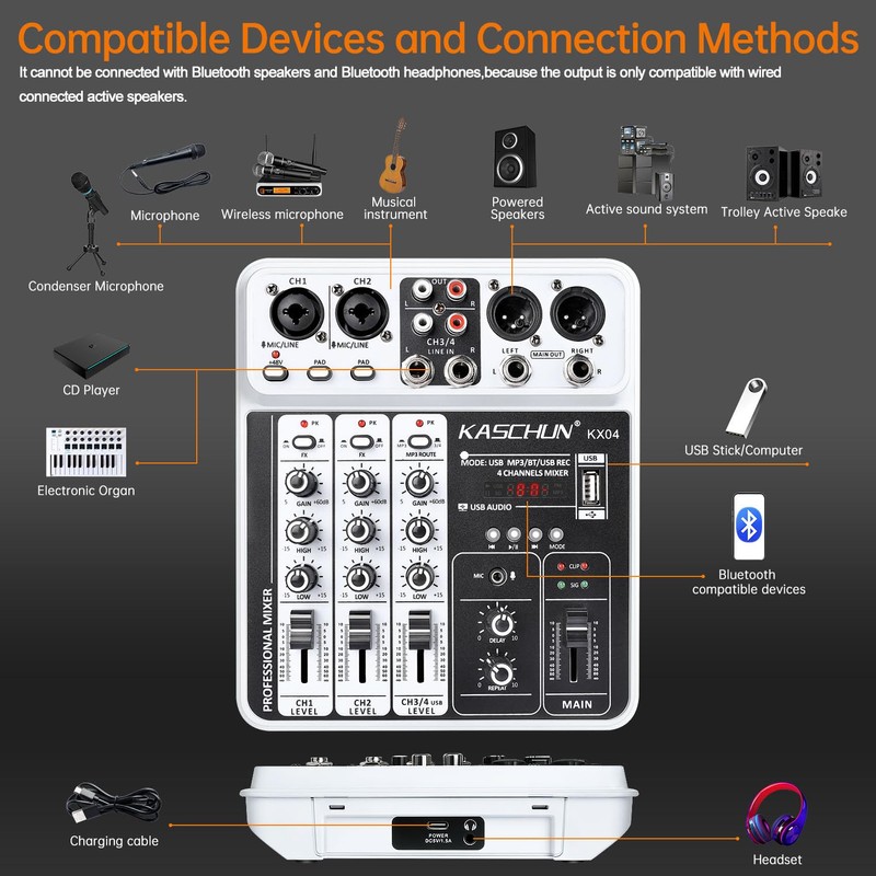Professional DJ audio mixer, 4-channel DJ mixer, Bluetooth sound mixer,