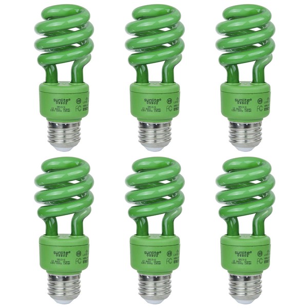 Sunlite 41418-SU CFL Spiral Colored Bulb, 13 Watt (40W Equivalent), Medium Base (E26), 8,000 Hour Life Span, UL Listed, 6 Pack, Green