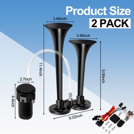 2 Pack 12V 150 dB Loud Air Horn Kit for Truck Boats Car with Air Compressor and Wire Harness Electric Train Horn Chrome Zinc Dual Trumpet Air Horns for Any 12V Vehicles(Black)