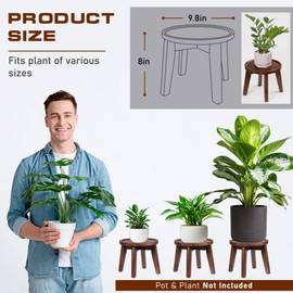 Demigo Indoor Plant Stand, Acacia Wooden Decorative Plant Shelf with Spill-Proof Tray, Stable 8” Tall Flower Holder for Heavy Pots, Gardening Display for Decor Living Room Patio - Dark Brown
