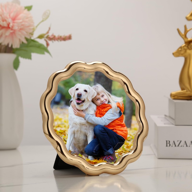 High-End Gold 5x5'' Round Zinc Alloy Picture Frames,Unique Wave Design,Heavy