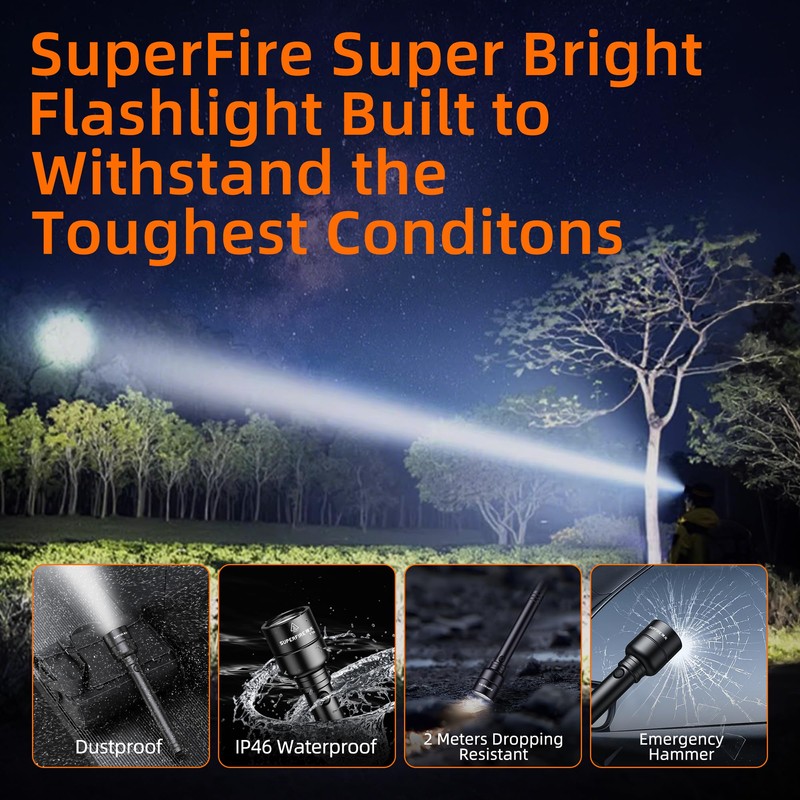 SuperFire Flashlights High Lumens Rechargeable, 2000 Lumens Super Bright LED