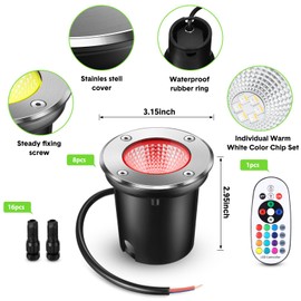 Tuanse 8 Pack Low Voltage Landscape Lights with 16 Connectors and 1 Remotes, RGBW Colored LED Well Lighting 12v-24v Waterproof Outdoor in Ground Lights for Garden Pathway Deck