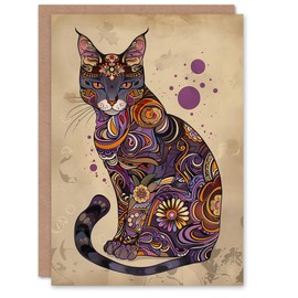 Artery8 Abyssinian Cat Lover Purple Orange Pattern Folk Art For Her Woman Birthday Card