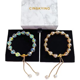 2Pcs Aurora Crystals Beaded Stretch Bracelets for Women, Northern Lights Crystals Strech Bracelets Trendy Jewelry Gift for Women Girls Birthday Anniversary Mother's Day (S2-White&Champagne)