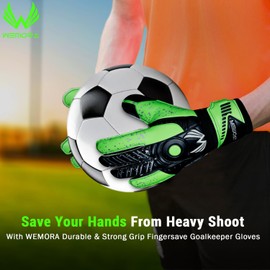 WEMORA Soccer Goalie Gloves Fingersave for Kids Youth Adults with 7.5MM Strong Grip Palm Flexible Finger Spines Goalkeeper Gloves (Green, Size 8 Suitable for Size M-L Adult, Ambidextrous)