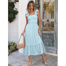ANRABESS Womens Summer Sleeveless Maxi Dress Square Neck Smocked Boho Casual Ruffle Strap Flowy A-Line Long Beach Sundress Sky Blue Small