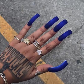 20Pcs Long Curved Press on Nails Extra Curve Square False Nails Matte Blue Full Cover False Nails with Designs Acrylic Nails Curved Artificial Nails Press ons for Women 20Pcs