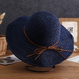 Womens Floppy Straw Sun Hat Foldable Wide Brim Summer Beach Hat Packable Roll Up Crochet Bucket Hat (Sapphire Blue)