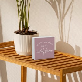 STHTTSW Girls Room Nursery Decor - Wildflower Inspirational Pink Woodne Sign,Baby Shower Party Decoration Shelf Wall Decor,In a Field of Roses She is a Wildflower Gifts for Little Toddler Girls 5x5