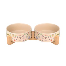 SPUNKYJUNKY Ceramic Dog and Cat Bowl Set with Wooden Stand, Modern Cute Weighted Food Water Bowl Set for Medium Size Dogs (3.6 Cups, 2 × Doodle-Latte)