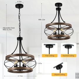 5-Light Farmhouse Chandelier, 17.72" Rustic Drum Dining Room Light Fixture, Vintage Wood Finish Metal Hanging Pendant Lighting, Industrial Candle Chandeliers for Living Room Kitchen Entryway Bedroom