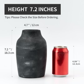 PORCER Rustic Farmhouse Flower Vase Ceramic 7.2 Inch Boho Terracotta Vase for Home Decor Living Room Table Shelf Fireplace Decor Farmhouse Black