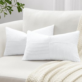 Sungeek Set of 2 Decorative Cushion Covers 30 x 50cm Soft Corduroy Striped Cross Patchwork Textured Pillow Covers Solid Lumbar Throw Pillow Cases for Sofa Bed Patio 12x20 Inch, White