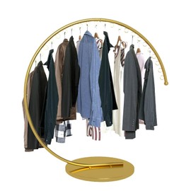Heavy Duty Portable Clothing Rack, Commercial Grade Metal Garment Rack with Stable Base for Hanging Clothes, C-Style Round Rack for Retail Boutiques and Clothing Displays (Gold, 150CM)