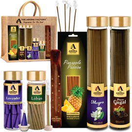 The Aroma Factory Luxury Giftpack (Gugal & Mogra Agarbatti, LobanDhoopbatti, Lavender dhoopcone, Pineapple 30 Sticks) with Jute Bag No Charcoal, 100% Organic Incense (Luxury)