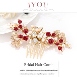 IYOU Pearl Wedding Hair Combs Red Flower Hair Accessories Crystal Leaf Headpiece Prom Bridal Hair Piece for Brides and Bridesmaids