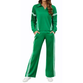 SHESHOW Womens Lounge Sets 2 Piece Outfits Sweatsuits 2-Stripes Wide Leg Pants Track Suits for Women Set with Pockets Green XS