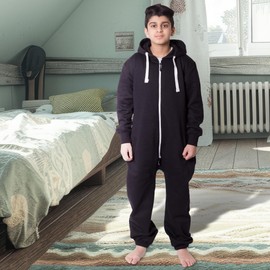 NOROZE Unisex Children's Hooded Onesie With Aztec Pattern and Plain Fleece, Jumpsuit for Boys and Girls, For Ages 2 - 13 Years - black