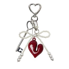 Bow Key Ring Beads Red Heart Key Chain Women's Bag Charms Key Chain Bag Pendant Cute Keychain Aesthetic Backpack Pendant for Bags Car Key Pendant