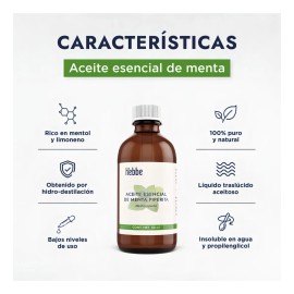 Aceite Esencial Menta Puro, Cosmético capilar bucal corporal, uso en difusor Aromaterapia, Spa Hebbe Cosmetics & Ludika 50ml