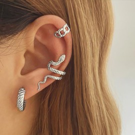 Yheakne Punk Snake Ear Cuff Earrings Circle Serpent Ear Crawler Earrings Silver Circle Hoop Earrings Multiple Cartilage Earrings Set Jewelry for Women and Girls
