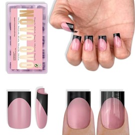 NOVO OVO Short Sharp Square Black French Tip Nail Tips Press on BERRY PINK, Extra Thick NEED Nail Glue Builder Gel Top Coat, Soft Gel Full Cover Fake Flase Nail Extension for DIY x 15 Sizes 240 pcs