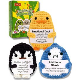 Gifts for Women Men Positive Potato Pickle: 3Pcs Funny Crochet Dolls Christmas Stocking Stuffers Friends Coworkers Roommates College Students Sister with Cheer Up Cards (Shark,Duck,Penguin)