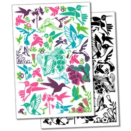Hummingbirds and Flowers Temporary Tattoo Water Resistant Fake Body Art Set Collection - Black (One Sheet)