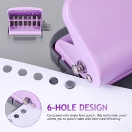 Lurrose Loose Leaf Hole Punch, 6 Hole Punch, Made of Plastic, Durable, Small, Compact, Storage, Easy Operation, Round Hole, Fits A5/B5/A4, Notebook, Document Organizing, School, Office, Home, Purple