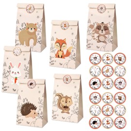 LUERFUN Papiertüten Kinder, 12 Stück Tierische Papier Geschenktüten mit 18 cute Aufkleber, Geschenk-verpackung Papiertüten Kraftpapiertüte zum Verpacken von Geschenken, Kindergeburtstag