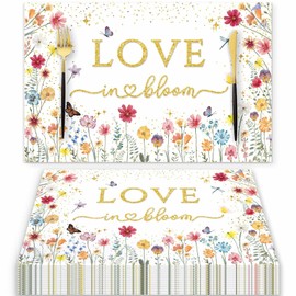 50 Pieces Love in Bloom Disposable Paper Placemats, 11x17 Inch Floral Wildflower Table Mats for Wedding, Bridal Shower, Baby Shower, Engagement Party, Bachelorette Party