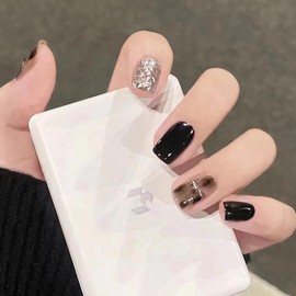 Nail Tip, Short, 24 Pieces, False Nail Tip, Brown, Black, Silver, Popular, Japanese Style, Cute, Simple, Fashionable Party, Autumn, Spring, Summer, Daily Life, Bridal Nail Design, Coming of Age