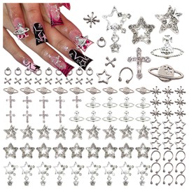 BBATT-Happy 110PCS Star Nail Charms for Acrylic Nails,Silver Star Planet Cross Alloy Nail Art Decoration, Nail Stones Nail Jewels Accessories for Nail Art Supplies Manicure Craft DIY
