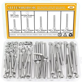 95 Pieces M5 x 30/35/40/45/50mm Hex Socket Head Cap Screws Nuts Washers Set Silver, Sutemribor M5 Long Screws, M5 Stainless Screws Nuts Washers Assortment Kit, 304 Stainless Steel, Fully Threaded
