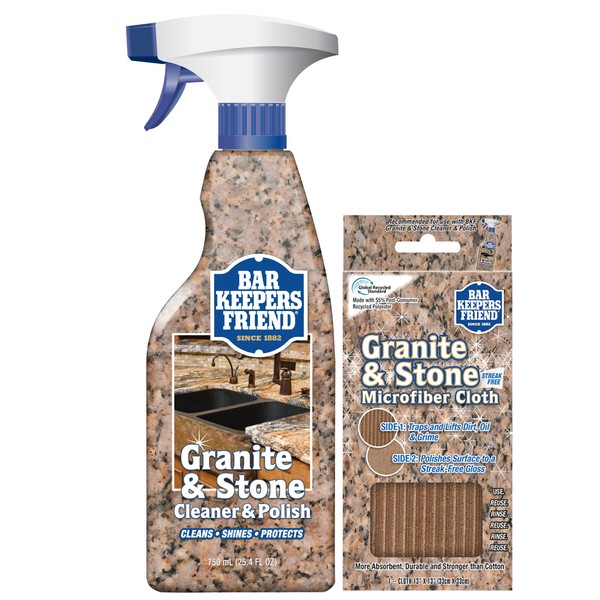Bar Keepers Friend Granite & Stone Cleaner and Polish Cleaning Kit - Includes Bar Keeper's Friend Granite & Stone Cleaner(25.4 oz) and Polish Spray - 1 BKF Microfiber Cloth